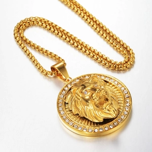 Hip hop gouden leeuwenkop medaillon hanger met zirkonia en een fijne box ketting