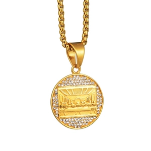 Hip hop style gold titanium necklace with Last Supper round medallion and white crystals