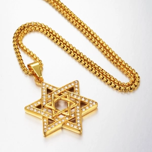 Collana con pendente a stella a sei punte dorata hip hop con zirconi per uomo e donna