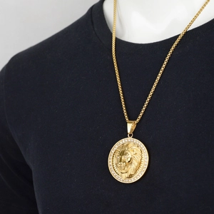Hip hop halsketting met gouden leeuwenkop hanger en glanzende kristallen omlijsting