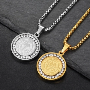 Hip hop St. Benedict medallion necklace in gold and silver with sparkling crystal halo