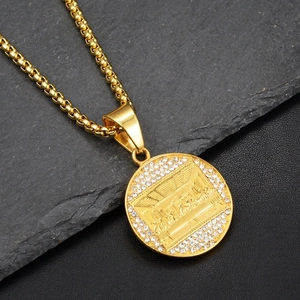 Hip hop style gold titanium necklace with Last Supper round pendant and white crystals