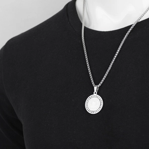 Hip hop style silver medallion pendant necklace with religious icon relief on box chain