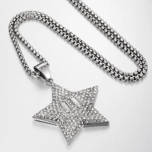 Collar con colgante de estrella hip hop con circonitas y cadena de caja plateada gruesa