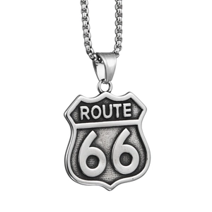 Vintage Route 66 road sign pendant necklace in retro stainless steel for men and women