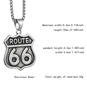 Detail view of Route 66 shield pendant with stainless steel chain and size dimensions