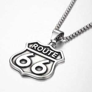 Vintage Route 66 Shield Pendant Necklace Titanium Steel Retro Hip Hop Street Style Jewelry For Men Women Silver Necklace