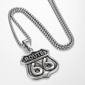 Vintage Route 66 stainless steel shield pendant necklace with durable box chain for men