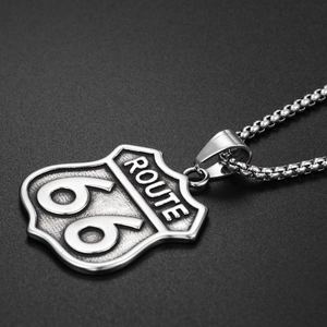 Retro Route 66 shield pendant necklace in oxidized steel finish with square link chain