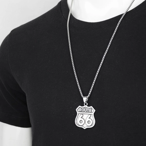 Vintage Route 66 shield pendant necklace in silver stainless steel for hip hop style
