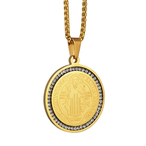 Gold St. Benedict medallion pendant necklace with round halo of sparkling cubic zirconia