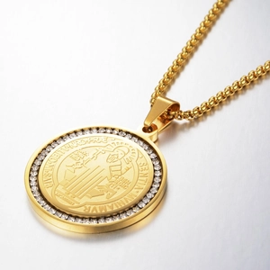 Stainless Steel St. Benedict Medal Pendant Necklace For Men Women Gold Plated Religious Hip Hop Rhinestone Jewelry