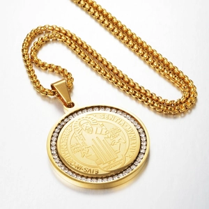 Hip hop Saint Benedict religious medallion necklace with sparkling zircon borders