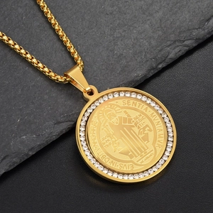 Saint Benedict medal pendant necklace in gold finish with sparkling zircon inlay