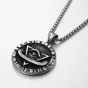 Rétro Collier avec Pendentif Médaillon Rond Oeil de la Providence en Acier au Titane Hip Hop Triangle Pièce Bijoux Unisexe