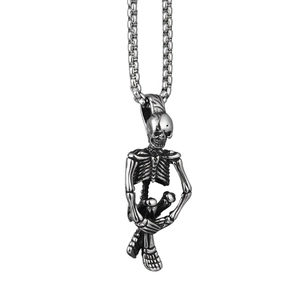 Gothic Punk Sitting Skeleton Pendant Necklace Titanium Steel Antique Silver Hip Hop Human Bone Necklace For Men Women