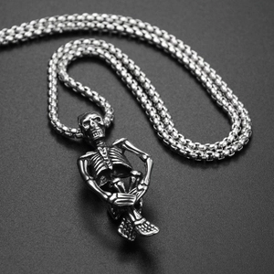Hip hop gothic sitting skeleton pendant necklace in vintage silver stainless steel finish