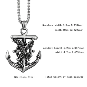Detailed specs of stainless steel hawk anchor pendant necklace with box chain dimensions