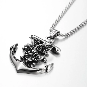 Hip hop style eagle anchor titanium steel necklace with a vintage brushed metal finish