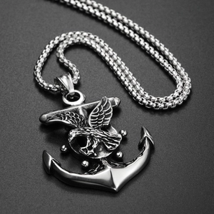 Hip hop style stainless steel eagle anchor pendant necklace with vintage silver finish for men