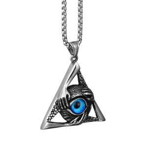 Hip hop style silver triangle All-Seeing Eye pendant necklace with blue eye and box chain