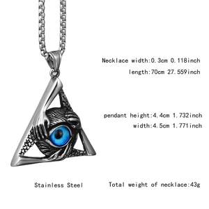 Macro detail of stainless steel all-seeing eye pendant with blue eyeball and box chain