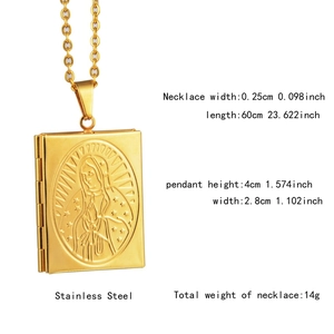 Detailed specs of gold stainless steel book pendant necklace with Virgin Mary engraving