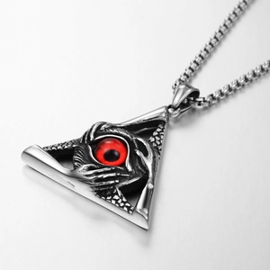 Gothic punk style triangle evil eye pendant necklace with red eye and vintage silver chain