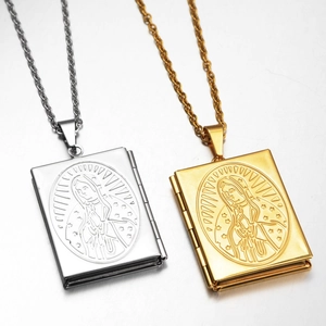 Hip hop style flip book locket necklace in gold and silver finish with Virgin Mary design
