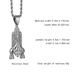 Detail showing rocket pendant dimensions and stainless steel chain specifications