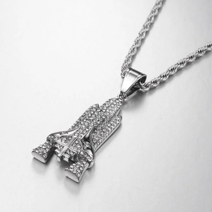 Hip hop silver rocket pendant necklace with sparkling crystals and rope chain