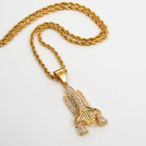 Hip hop style gold rocket pendant necklace with sparkling crystals and twisted rope chain
