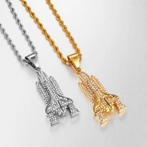 Detail of hip hop shuttle pendant necklaces with crystal inlays and rope chains