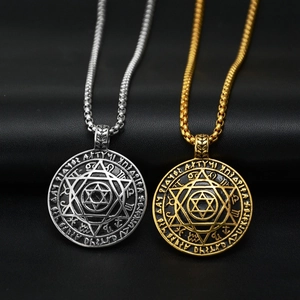Vintage-Anhänger aus Edelstahl mit Hexagramm und mystischen Runengravuren