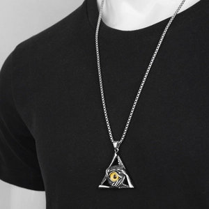 Hip hop style triangle Eye of Providence pendant necklace in stainless steel with amber pupil