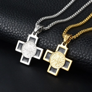 Vintage Edelstahl Benediktus Kreuz Anhänger Halskette Für Herren Damen Religiöser Schmuck Mit Box-Kette Schwarze Emaille