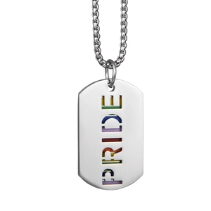 Collier plaque militaire PRIDE en acier argenté avec lettres évidées et arc-en-ciel