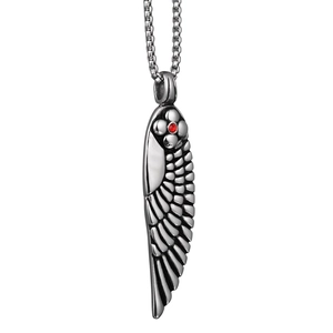 Hip hop titanium steel necklace with feather wing pendant and red gem centerpiece