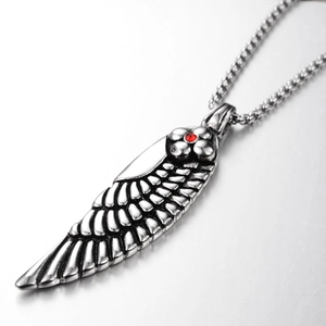 Hip hop titanium steel feather pendant necklace with a red crystal flower accent