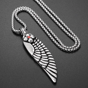 Hip Hop Vintage Feather Wings Pendant Necklace Stainless Steel Red Zirconia Flower Jewelry For Men Women Nightclub Party Punk Accessory