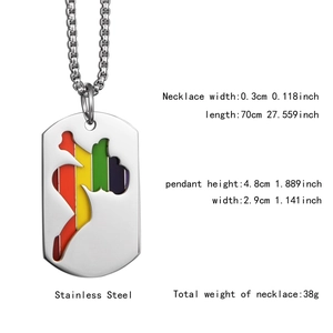 Detailed view of stainless steel rainbow dog tag pendant with thumbs up cutout design