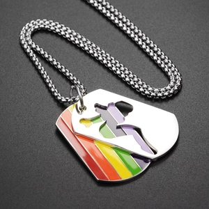 Hip hop titanium steel necklace with rainbow enamel tag and silhouette pendant charms