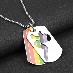Hip hop titanium steel necklace featuring double dog tags with rainbow finish and cutout dancer