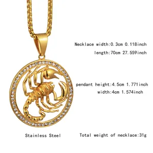 Tableau des tailles du pendentif scorpion avec chaîne de 70cm et dimensions de 4,5cm