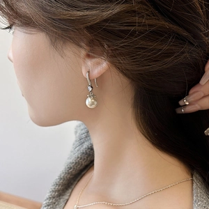 French style pearl drop hook earrings with micro-set zircon on silver minimalist metal