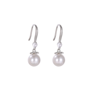 Elegant French style pearl drop earrings with micro-set zircon floral silver hooks