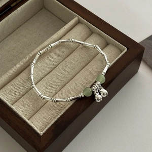 New Chinese Style Copper Bamboo Joint Bracelet For Women Silver Plated Bell Pendant Green Beads Minimalist Niche Jewelry