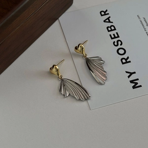 French style heart wing stud earrings with textured silver leaf drop in gold and silver