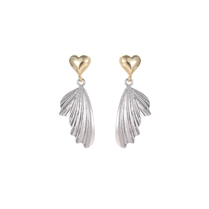 Minimalist two-tone heart and wing drop earrings with gold and silver metallic texture