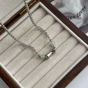 Retro bamboo node necklace with green jade-style beads and silver round link chain